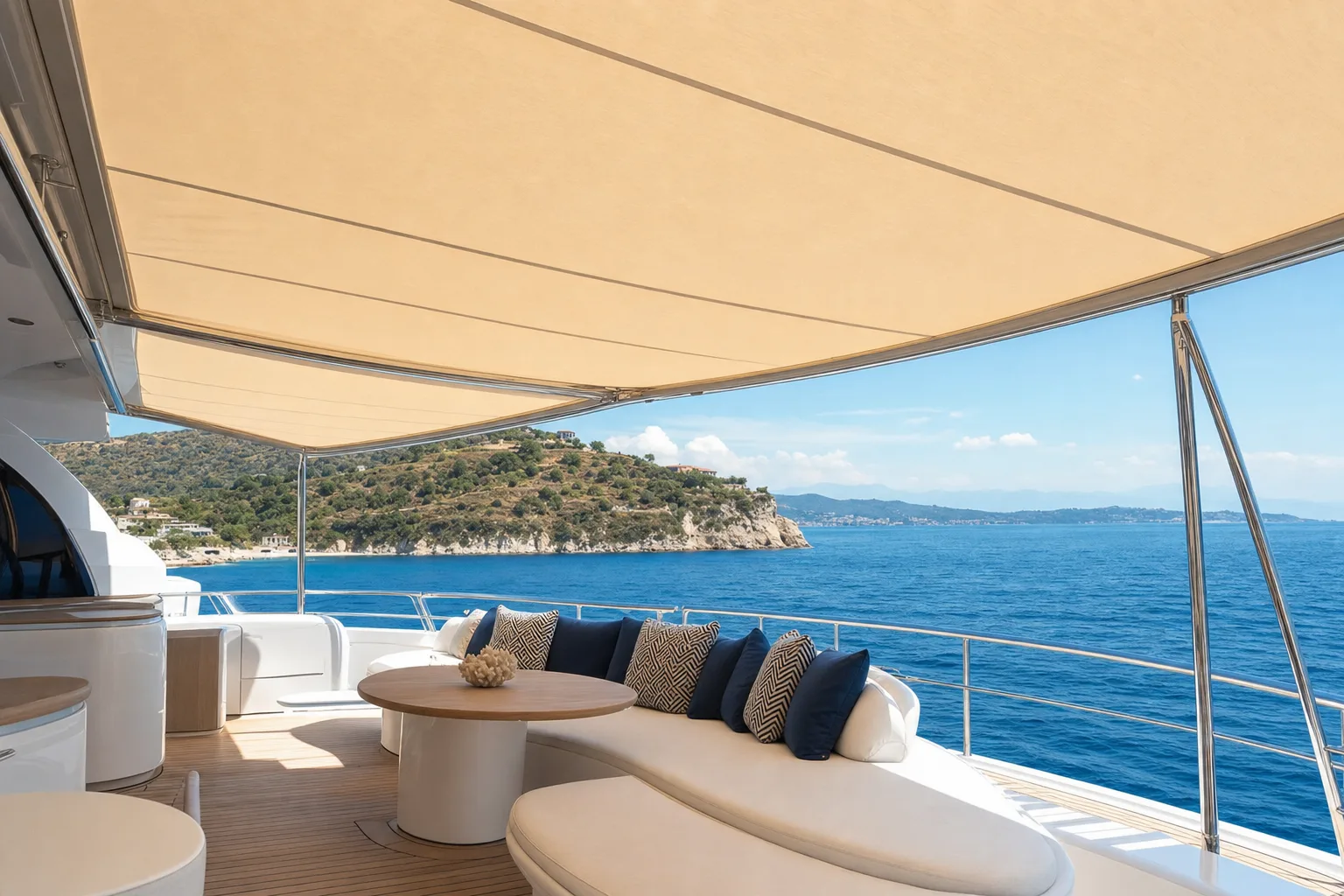 A cream awning stretched taut over the sundeck of a large yacht in bright sun